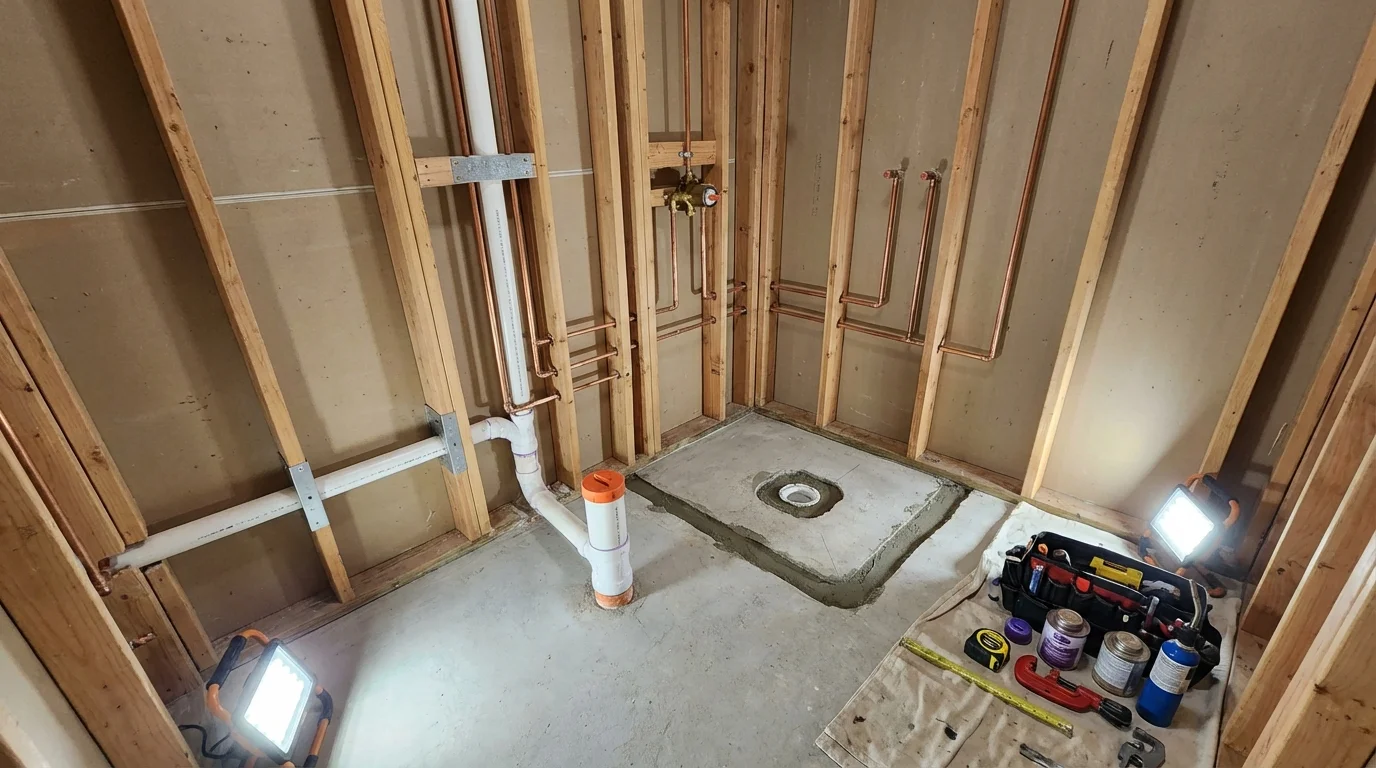 Bathroom rough-in plumbing during remodel by Johns Plumbing LLC in Cool