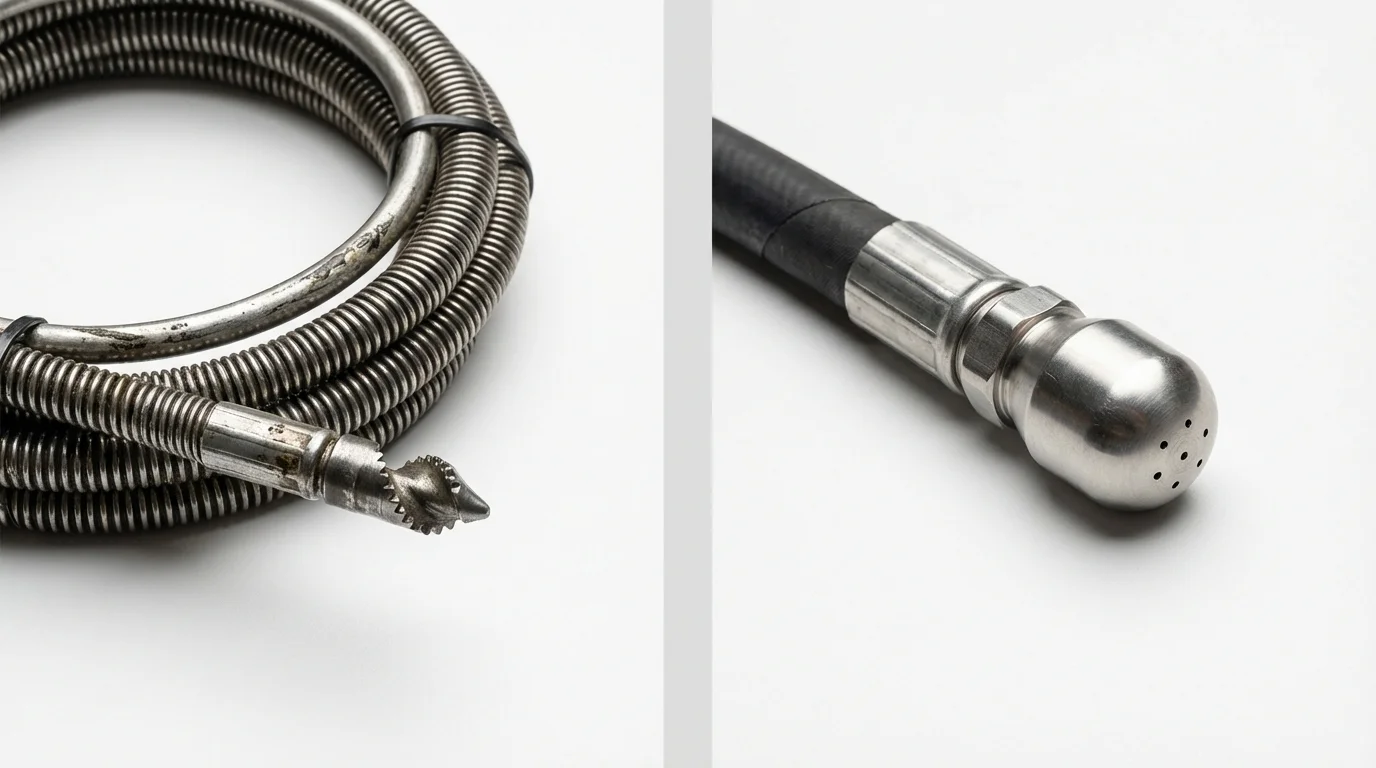 Drain snake cable and hydro jetting nozzle used for drain cleaning in Cool, CA