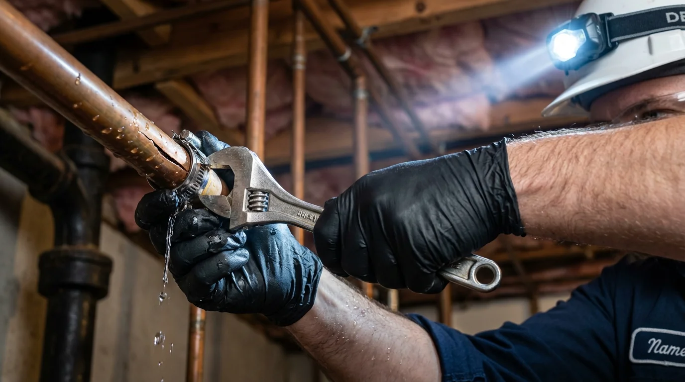 Emergency pipe clamp repair being performed by a Johns Plumbing LLC plumber in Cool