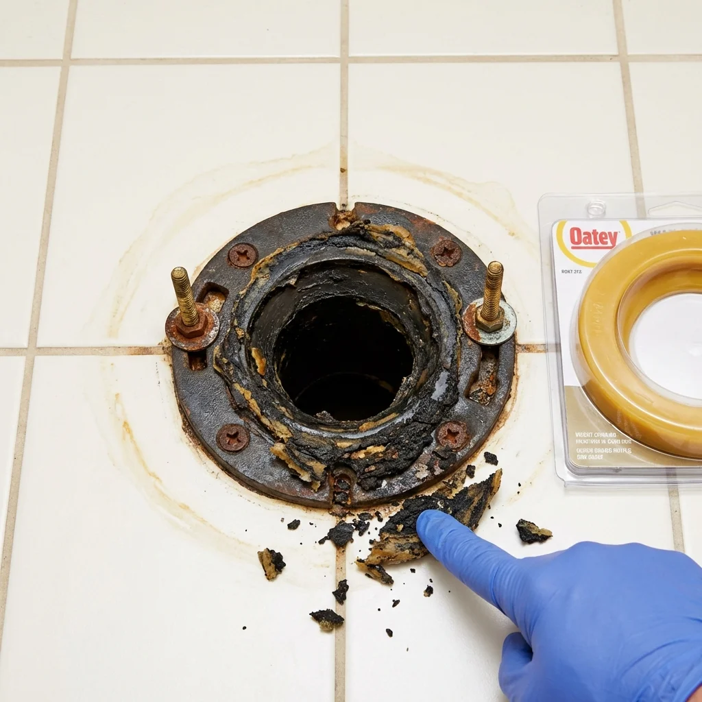 Failed wax ring showing water seepage at the base of a toilet in a Cool, CA home
